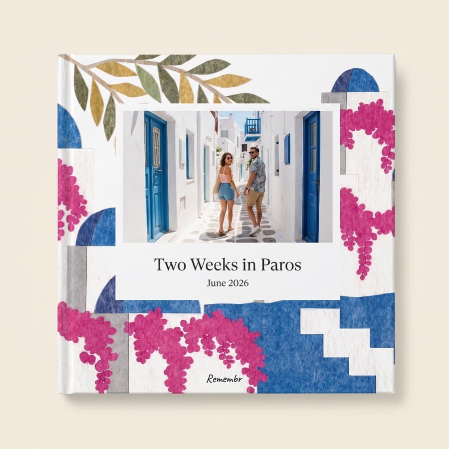 Blue Doors, White Walls — an 11×11 hardcover reading “Two Weeks in Paros, June 2026”