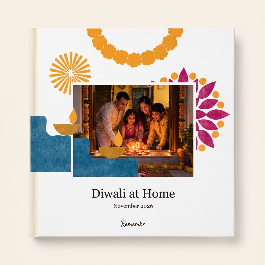Festival of Lights — an 11×11 hardcover reading “Diwali at Home, November 2026”