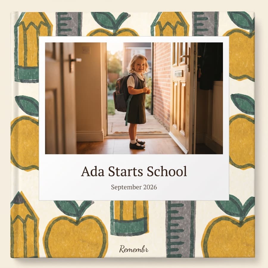 First Day, New Shoes — an 11×11 hardcover reading “Ada Starts School, September 2026”