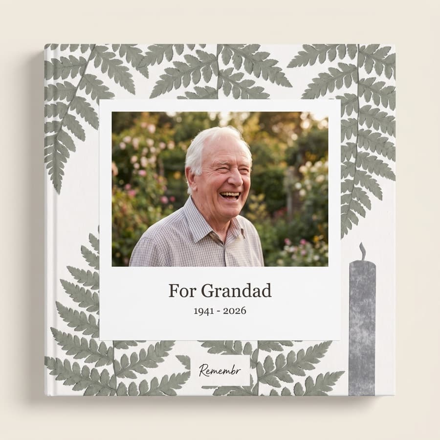 In Loving Memory — an 11×11 hardcover reading “For Grandad, 1941 — 2026”