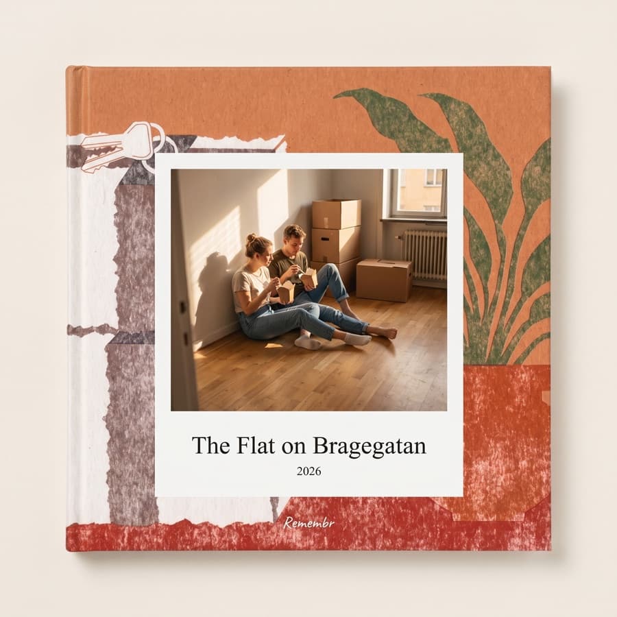Keys in Hand — an 11×11 hardcover reading “The Flat on Bragegatan, 2026”