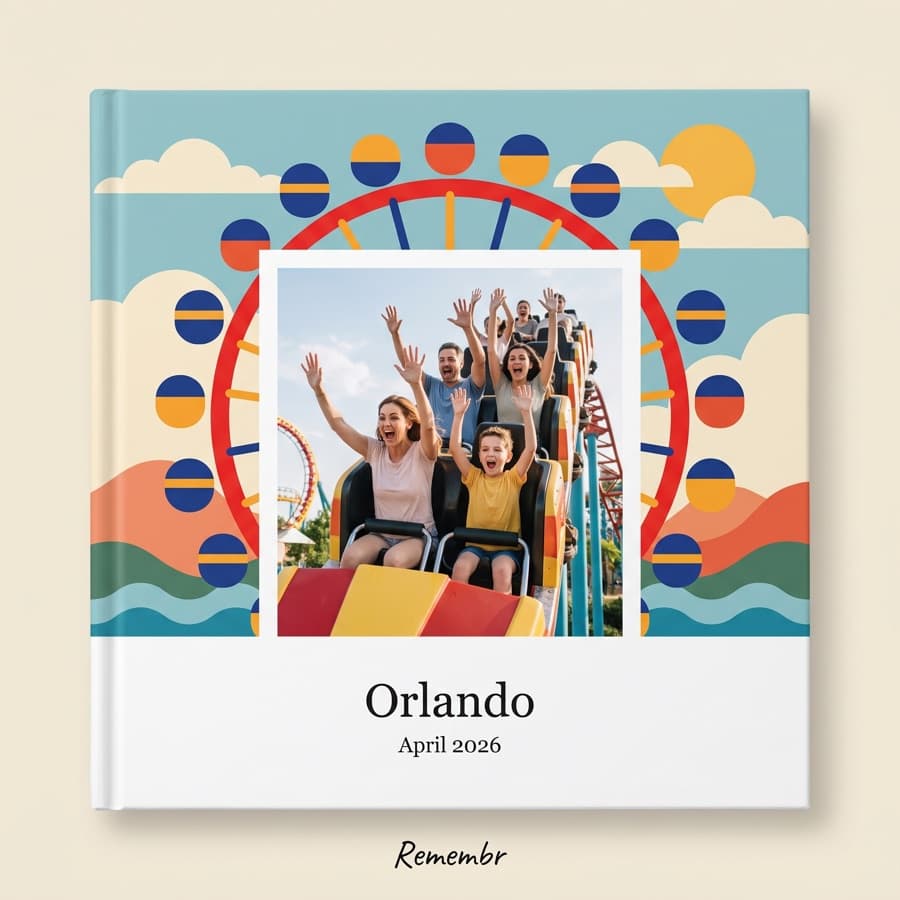 Queue, Ride, Repeat — an 11×11 hardcover reading “Orlando, April 2026”