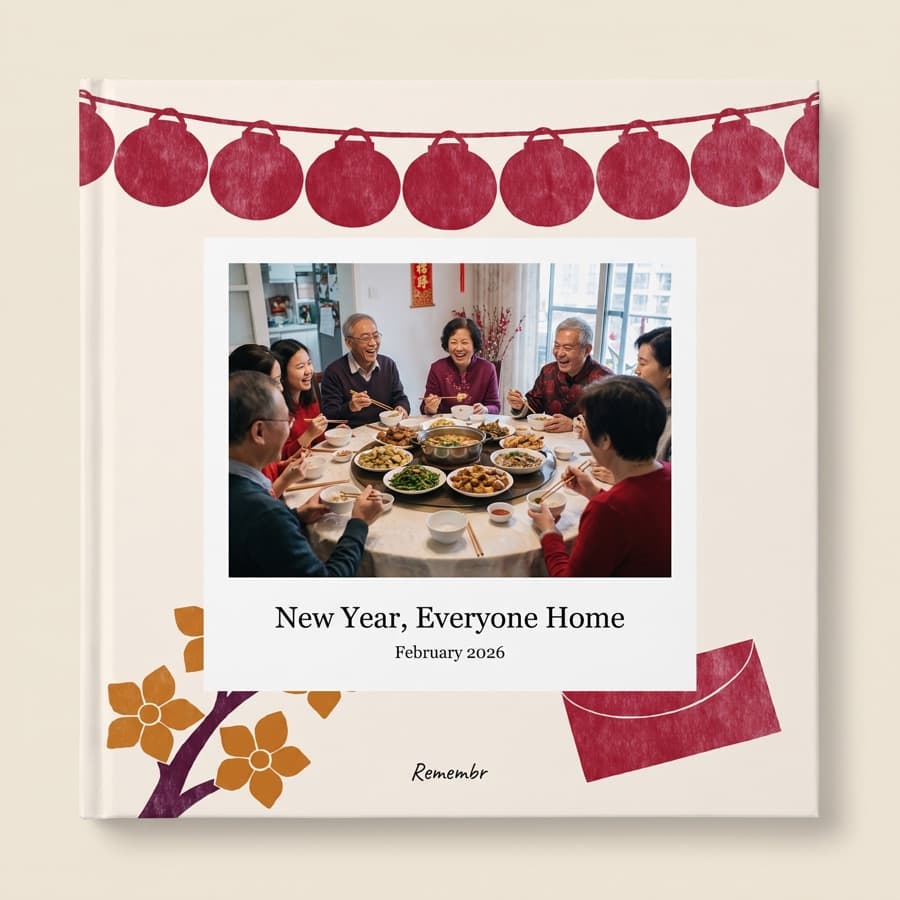 Red Envelopes, Full Table — an 11×11 hardcover reading “New Year, Everyone Home, February 2026”