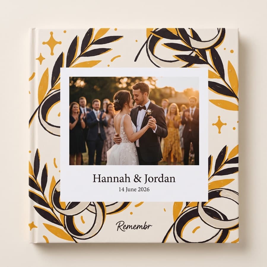 The Day Itself — an 11×11 hardcover reading “Hannah & Jordan, 14 June 2026”