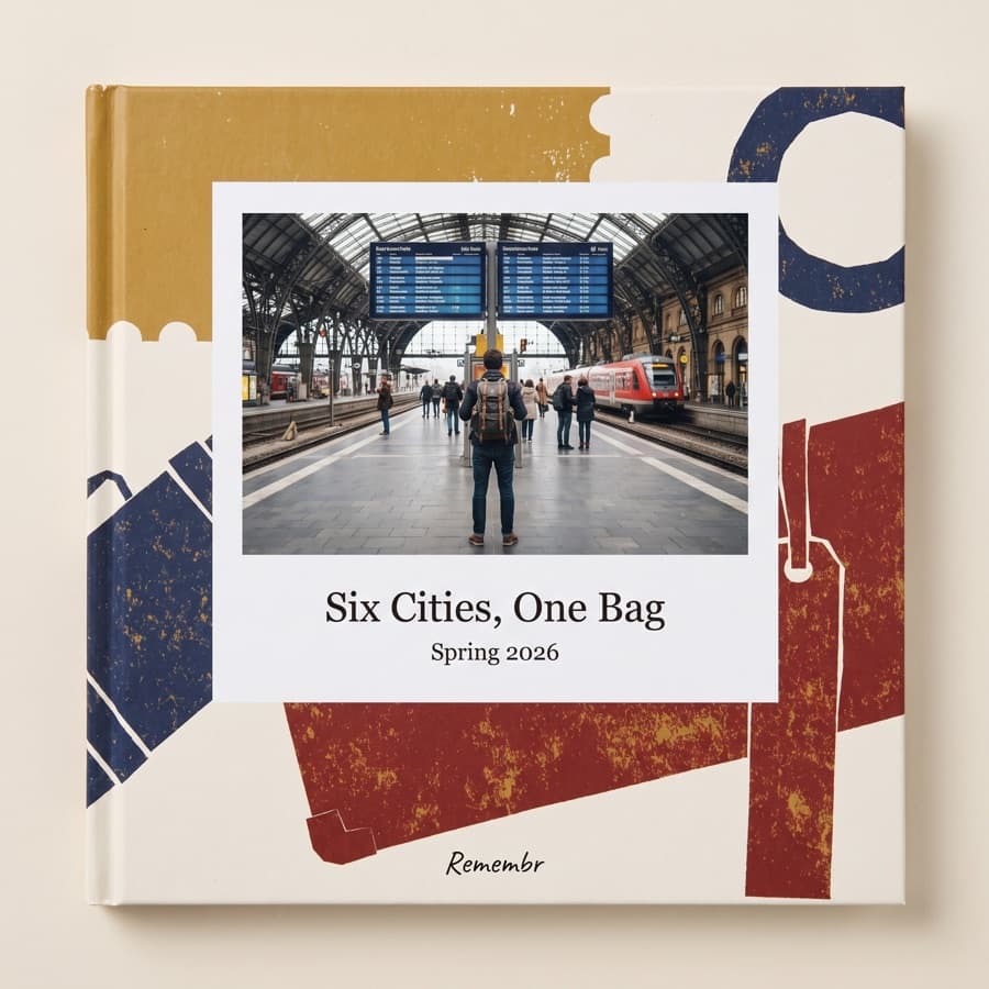 The Grand Tour — an 11×11 hardcover reading “Six Cities, One Bag, Spring 2026”
