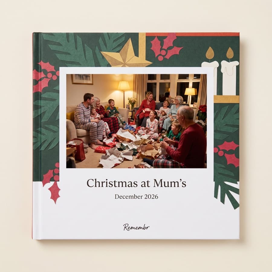 The Whole Family, One Room — an 11×11 hardcover reading “Christmas at Mum's, December 2026”