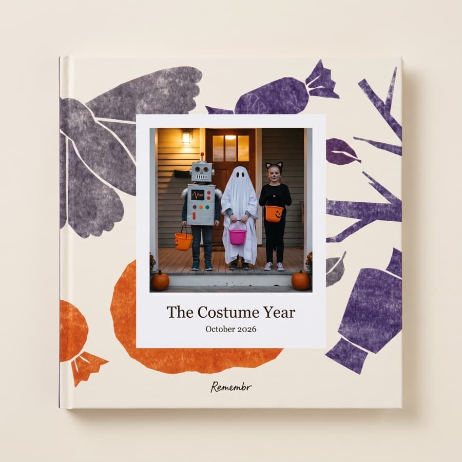 Trick or Treat — an 11×11 hardcover reading “The Costume Year, October 2026”